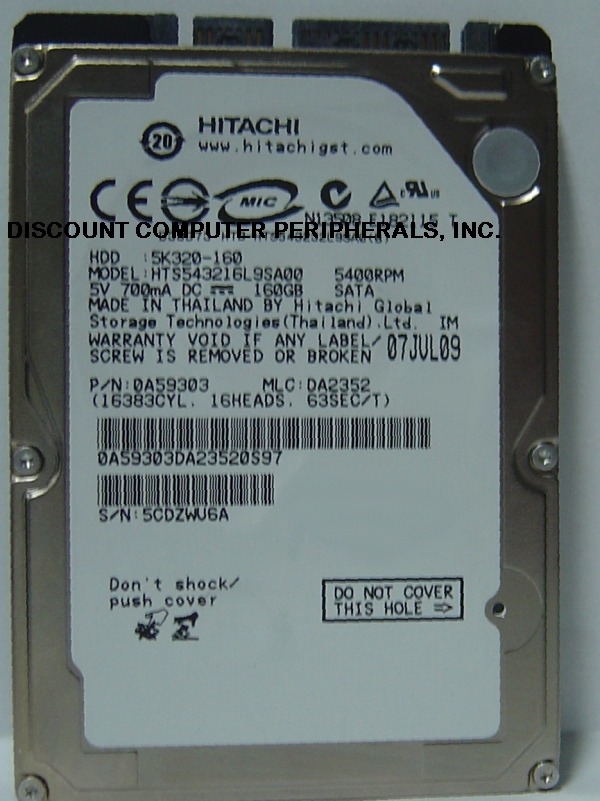 HITACHI HTS543216L9SA00 - 160GB 5400RPM SATA-150 9.5MM 2.5 INCH