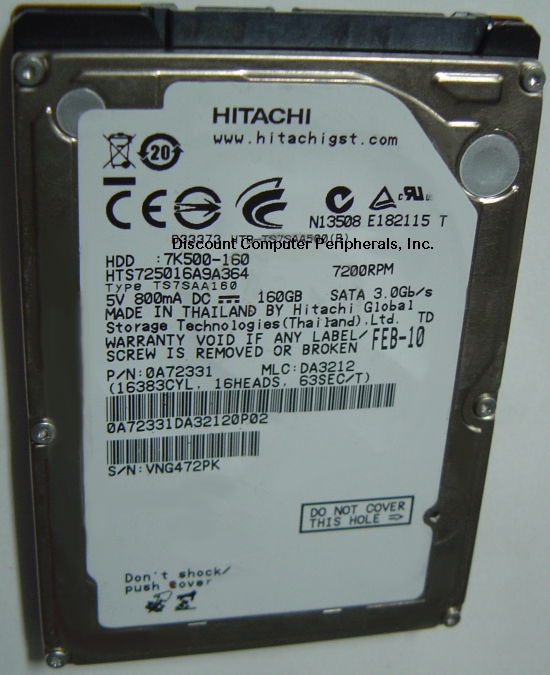 HITACHI HTS725016A9A364 - 160GB 7200RPM SATA-300 2.5in Laptop Dr