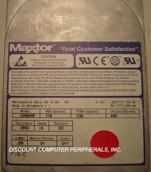 MAXTOR 72004AP - 2.1GB 3.5IN 3H IDE - Call or Email for Quote.