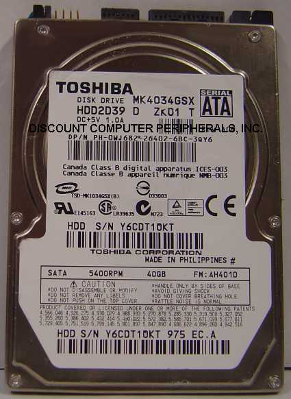 TOSHIBA MK4034GSX - 40GB 5400RPM 9.5MM SATA-150 2.5 INCH HDD2D39